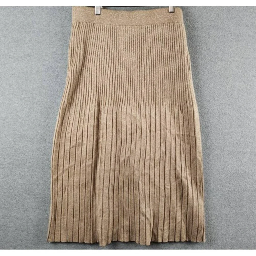 T Tahari Metallic Pleated Pull-On Midi Skirt Women's M Gold Ribbed Elastic Waist